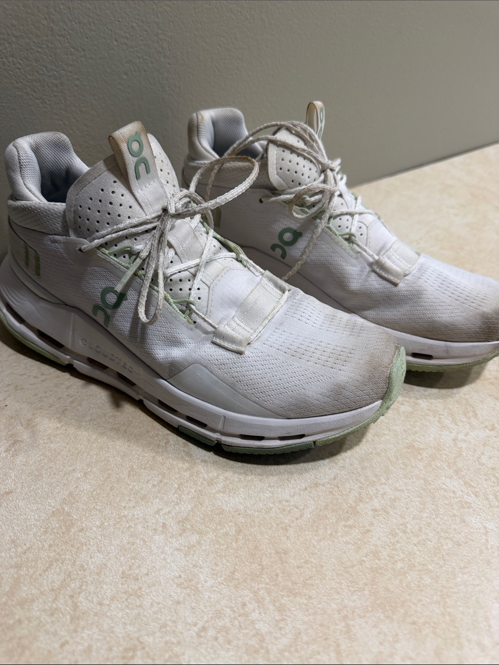 On Running White with Sage Green Lace-Up Running Sneakers